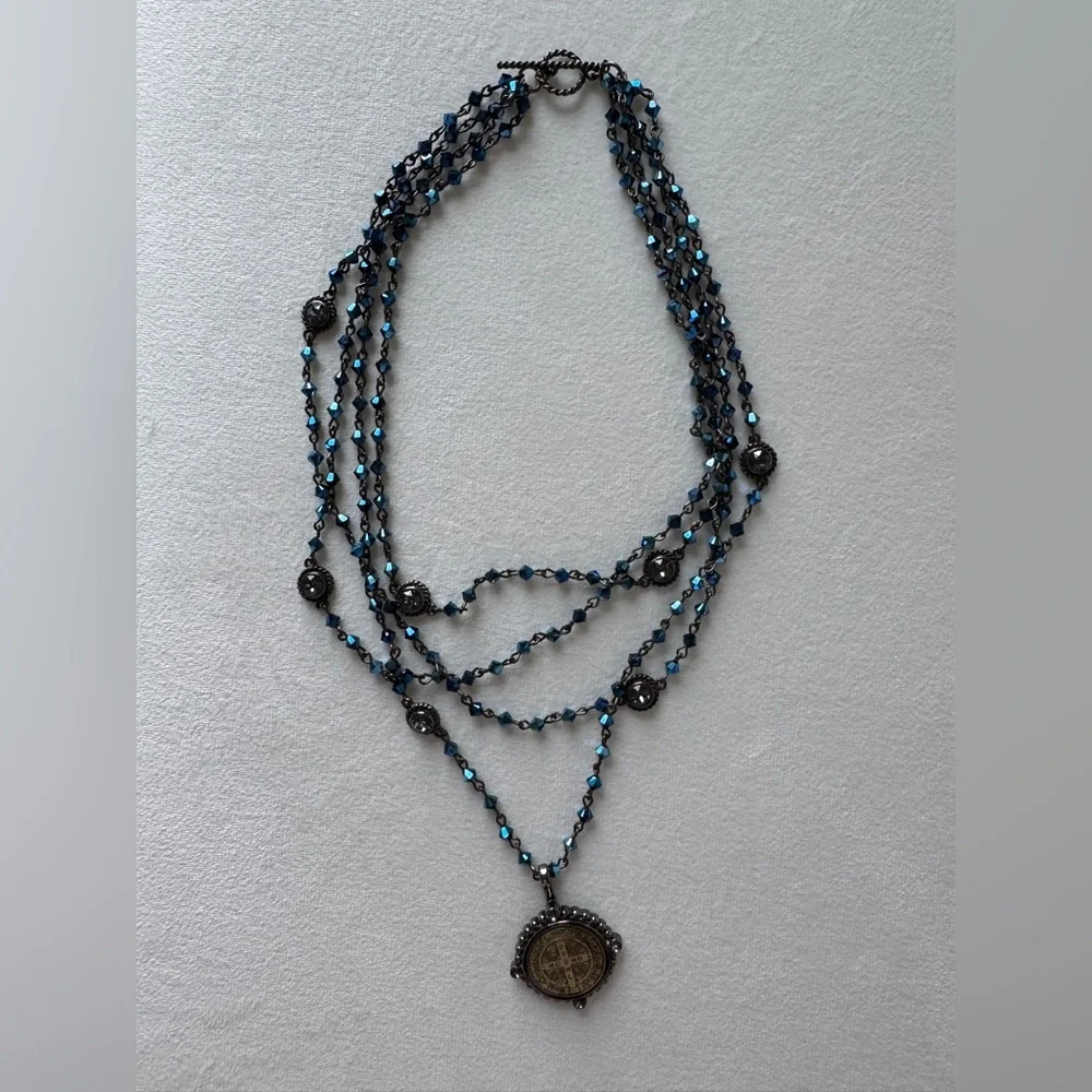 Virgins Saints & Angels Navy Blue and Gunmetal San Benito Medallion Necklace - Picture 6 of 7